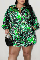 Groene Mode Casual Print Patchwork Gesp Turndown Kraag Plus Size Jumpsuits