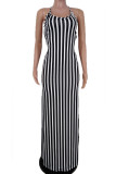 Noir Sexy Striped Print Bandage Patchwork Backless Spaghetti Strap One Step Jupe Robes