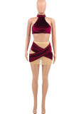 Burgundy Sexy Solid Patchwork See-through Halter Sleeveless Two Pieces