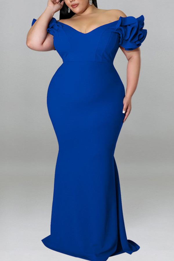 Vestido de noche con cuello en V de patchwork sólido sexy azul Vestidos de talla grande