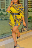 Yellow Fashion Casual Print Patchwork Asymmetrical Oblique Collar Irregular Dress Dresses