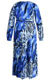 カラフルなブルーのカジュアルプリントヒョウ小帯Vネックストレートプラスサイズのドレス