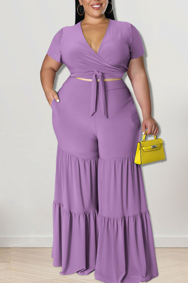 Violet Casual Solid Bandage Patchwork V Neck Plus Size Two Pieces