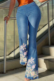 Baby Blue Fashion Casual Print Patchwork High Waist Regular Denim Jeans