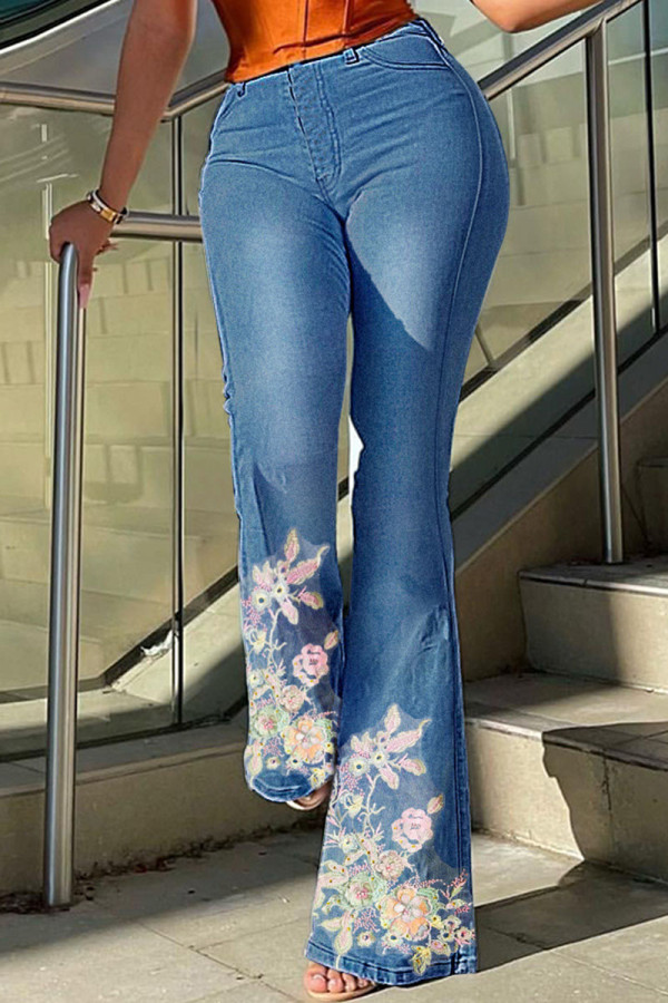 Jeans jeans azul moda casual estampa patchwork cintura alta regular