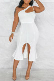 ホワイトファッションセクシーなソリッドくり抜かれた背中の開いたスリットワンショルダーイブニングドレス