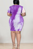 ブルーカジュアルプリントパッチワークOネックワンステップスカートプラスサイズのドレス