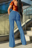 Babyblauwe mode casual print patchwork hoge taille regular denim jeans