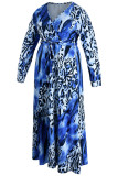 Vestidos de talla grande rectos con cuello en V y frenillo de leopardo con estampado informal azul colorido