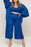Blue Fashion Casual Solid Patchwork V Neck Plus Size Three-piece Set
