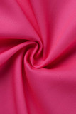 Розово-красные повседневные однотонные лоскутные платья с отложным воротником и пряжкой в ​​стиле пэчворк.