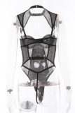 Moda preta sexy patchwork sólido vazado lingerie sem costas transparente