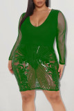 Vert Sexy Solide Paillettes Brodées Patchwork U Cou Robes