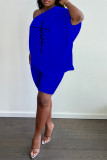 Koningsblauw Mode Casual Print Backless Schuine Kraag Korte Mouw Twee Stukken