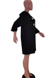 ブラックカジュアルプリントパッチワークフード付きカラーストレートプラスサイズのドレス
