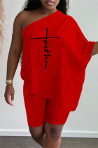 Красный модный повседневный принт с открытой спиной и косым воротником с коротким рукавом из двух частей