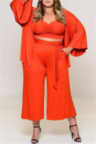 Orange Fashion Casual Solid Patchwork V-Ausschnitt Plus Size Dreiteiliges Set