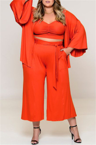 Orange Fashion Casual Solid Patchwork V Neck Plus Size Three-piece Set