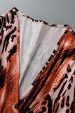 Coffee Casual Print Leopard Frenulum V Neck Straight Plus Size Dresses