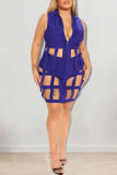 Blue Sexy Solid Hollowed Out Patchwork Zipper Turndown Collar Plus Size Two Pieces