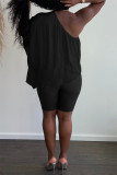 Черный модный повседневный принт с открытой спиной и косым воротником с коротким рукавом из двух частей
