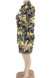 Yellow Fashion Casual Print Patchwork Buckle Turndown Collar Plus Size Jumpsuits