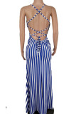 Noir Sexy Striped Print Bandage Patchwork Backless Spaghetti Strap One Step Jupe Robes
