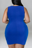 Синее повседневное однотонное платье в стиле пэчворк с круглым вырезом и круглым вырезом Платья больших размеров
