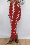 Red Fashion Print Kwastje Skinny Hoge Taille Potlood Full Print Bottoms