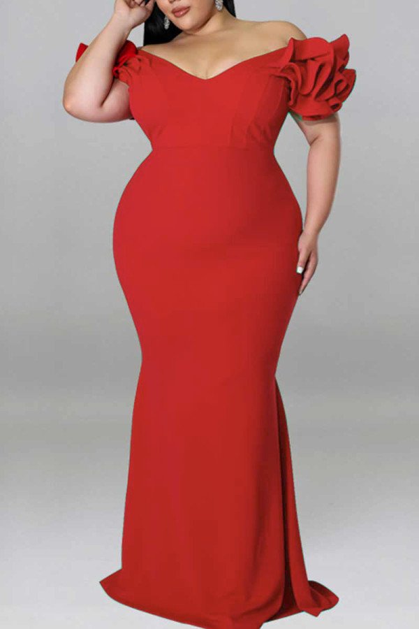 Rotes, sexy, solides Patchwork-Abendkleid mit V-Ausschnitt und Kleidern in Übergröße