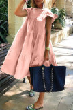 Roze mode casual plus size effen patchwork O-hals jurk met korte mouwen