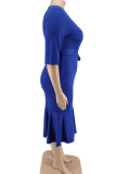 Blue Casual Solid Bandage Patchwork Flounce V Neck Straight Plus Size Dresses