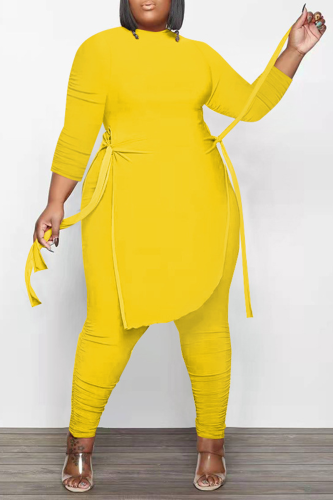 Yellow Casual Solid Patchwork Half A Turtleneck Plus Size Two Pieces