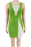 Green Casual Solid Patchwork Hot Drill O Neck Vest Dress Plus Size Dresses
