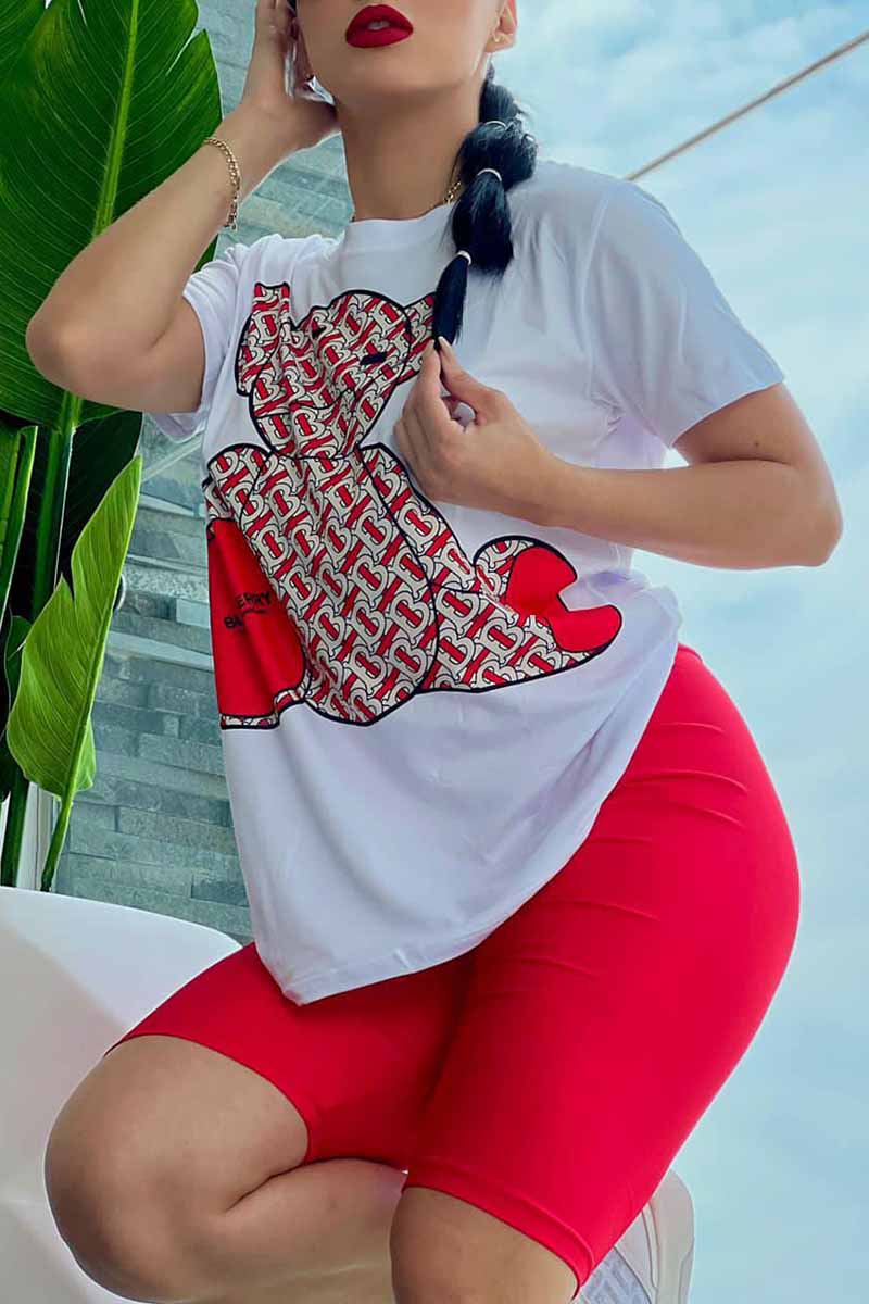 

Red Fashion Casual Print Letter O Neck Short Sleeve Two Pieces