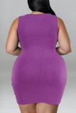 Violet Casual Solid Patchwork Hot Drill O Neck Vest Dress Plus Size Robes