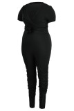 Black Casual Solid Bandage Patchwork Fold V Neck Plus Size Two Pieces