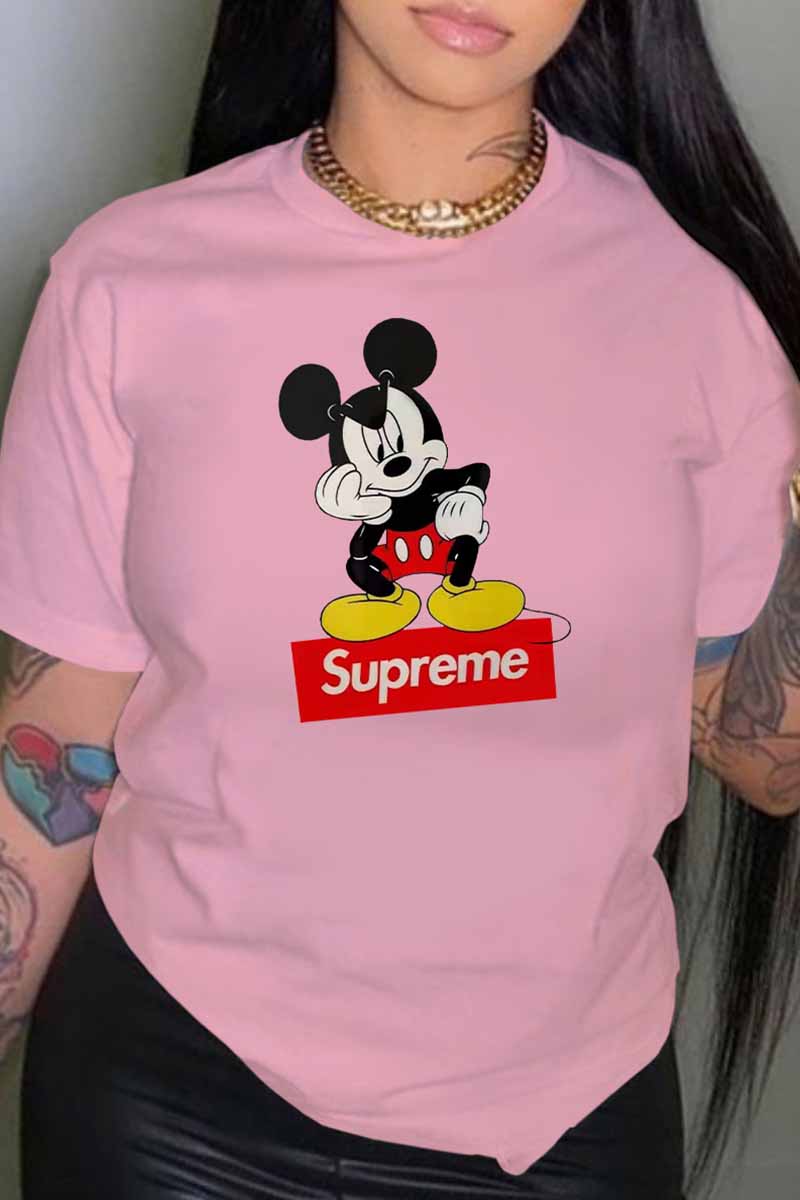 

Pink Fashion Casual Character Print Letter O Neck T-Shirts