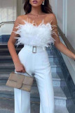 White Sexy Solid Patchwork Feathers With Belt Strapless Straight Jumpsuits(Contain The Belt)