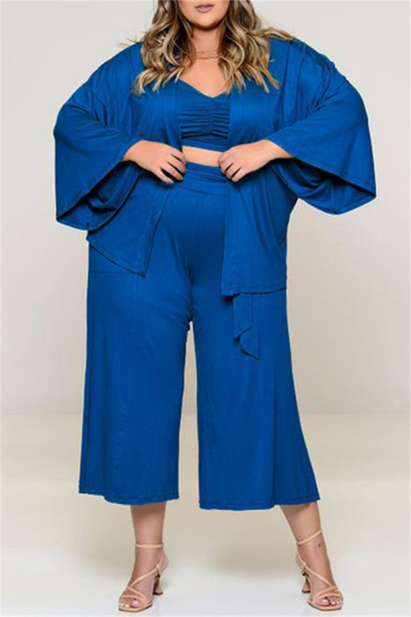 Conjunto de tres piezas de talla grande con cuello en V de patchwork sólido casual de moda azul