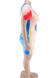 ブルーカジュアルプリントパッチワークOネックワンステップスカートプラスサイズのドレス