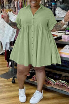 グリーンファッションカジュアルプラスサイズソリッドパッチワークターンダウンカラーシャツドレス