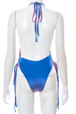 Blue Fashion Sexy Gradual Change Print Bandage Backless Swimwears (Without Paddings)