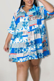 ブルーカジュアルプリントパッチワークバックルターンダウンカラーAラインプラスサイズのドレス