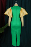 Grüne Art- und Weisebeiläufiger Patchwork-Schlitz, der quadratischen Kragen-Kurzschluss-Hülsen-Kleid-Kleider bördelt