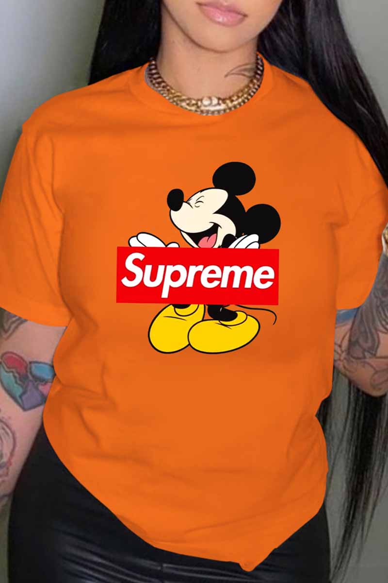 

Orange Fashion Casual Character Print Letter O Neck T-Shirts