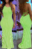 Green Sexy Striped Print Bandage Patchwork Backless Spaghetti Strap One Step Skirt Dresses