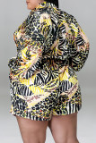 Yellow Fashion Casual Print Patchwork Buckle Turndown Collar Plus Size Jumpsuits