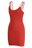 Rojo sexy sólido patchwork correa de espagueti un paso falda vestidos