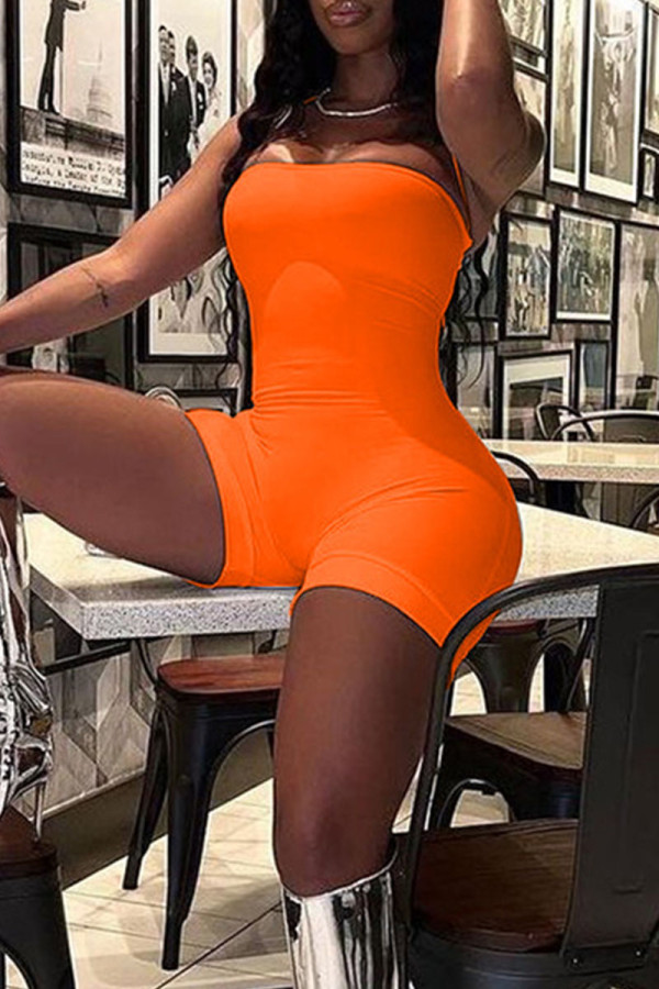 Оранжевый сексуальный однотонный узкий комбинезон в стиле пэчворк с открытой спиной и без бретелек